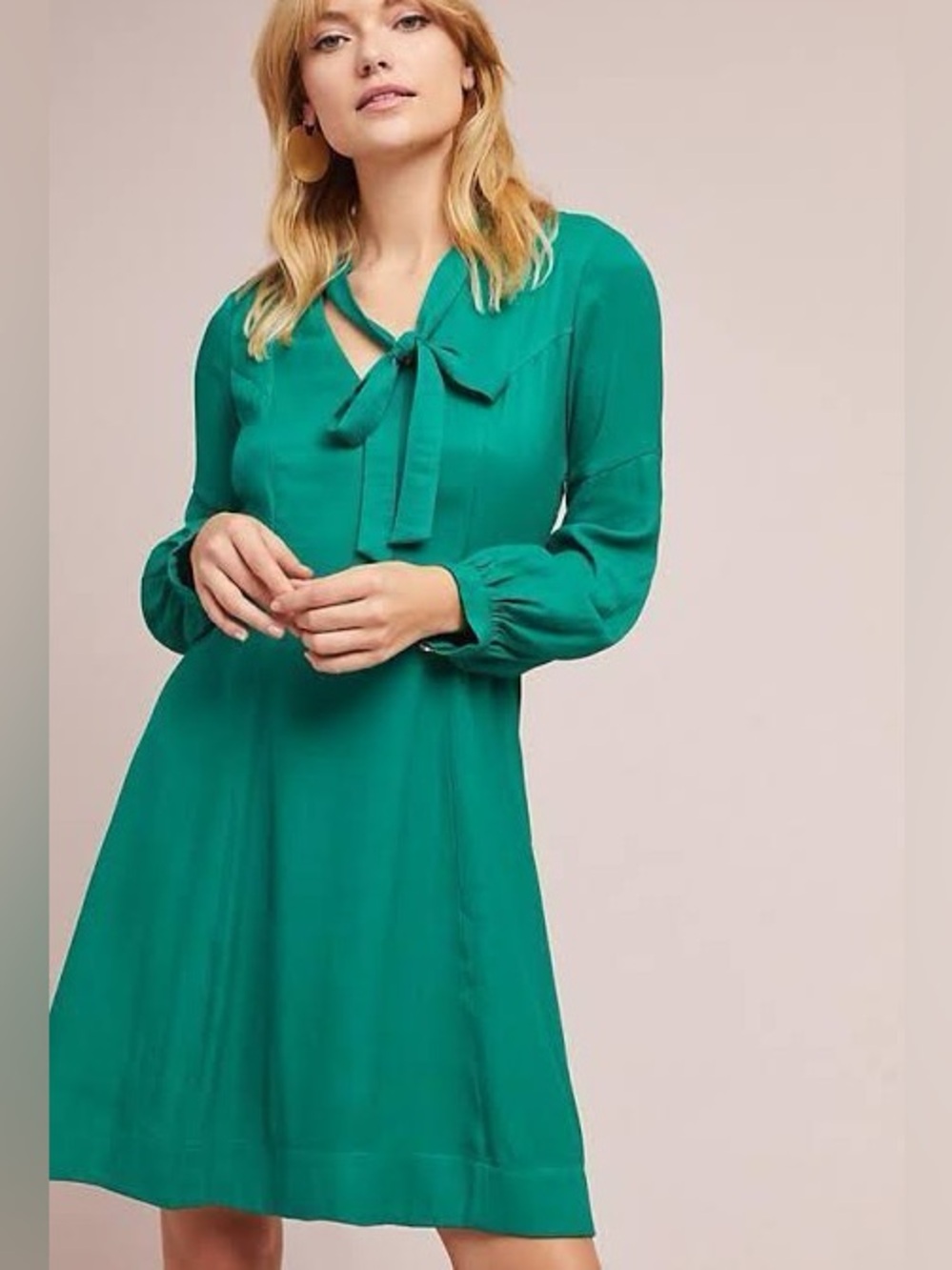 Anthropologie Teal Green Tie-Neck Long Sleeve Dress
